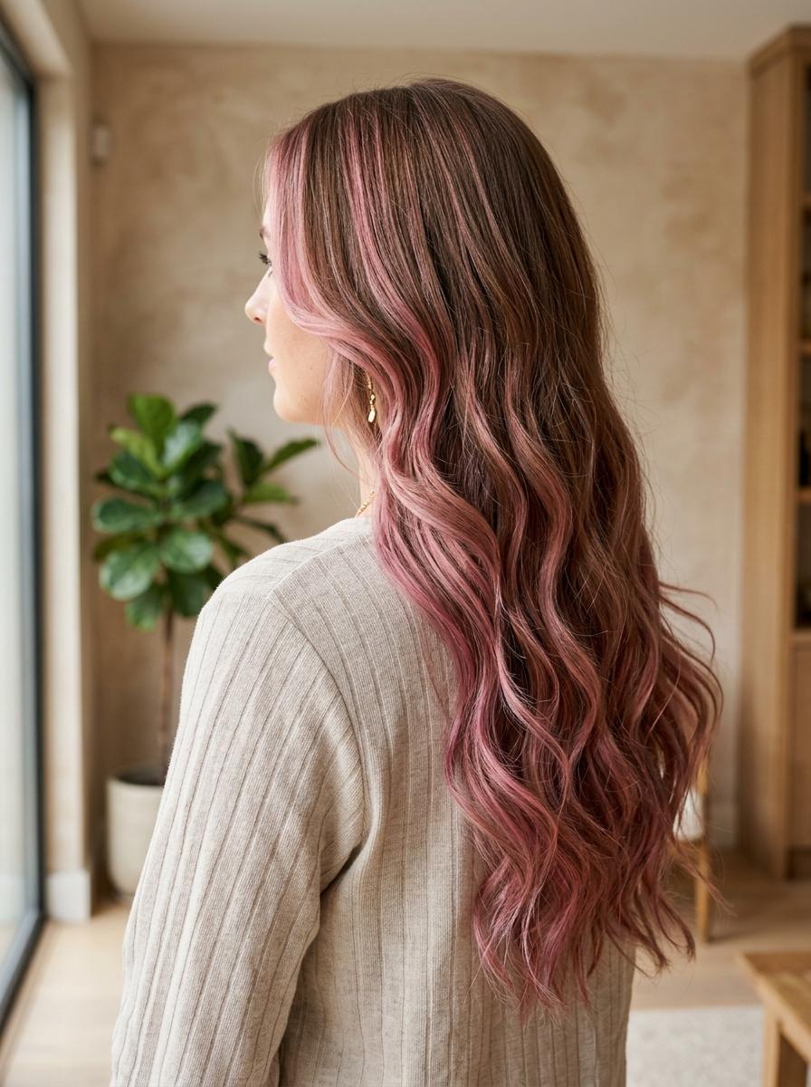 Pinke Strähnen bei langen Haaren - pinke Strähnen Idee